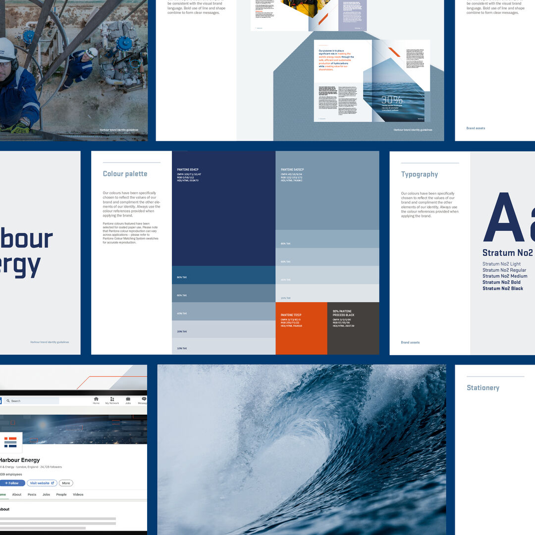 Harbour Energy brand guidelines showing colour palette, typography, and social media branding.