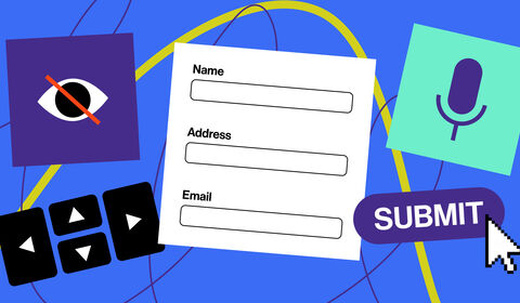 Illustration of a form with fields for name, address, and email, surrounded by accessibility icons for vision, voice input, and keyboard navigation, plus a submit button.
