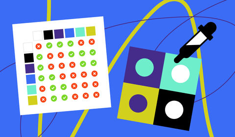 Illustration of a colour contrast chart with check and cross marks beside a four-colour block and a pipette tool on a blue background.