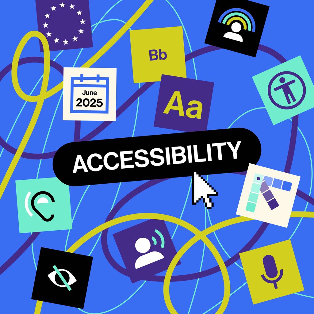 Illustration showing the word “accessibility” in bold white letters surrounded by icons for hearing, speech, vision, language (Aa), a calendar marked “June 2025”, and other design elements on a blue background.