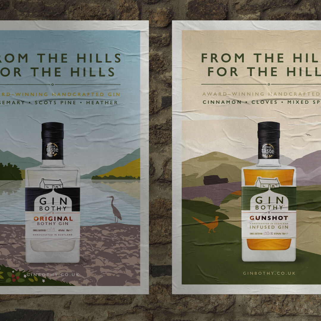 Gin bothy creative campaign posters 'From the hills, for the hills'